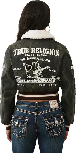 True Religion Women’s Sherpa Collared Aviator Jacket – Fleece-Lined, Button-Front, Pilot Style in Saudi Arabia