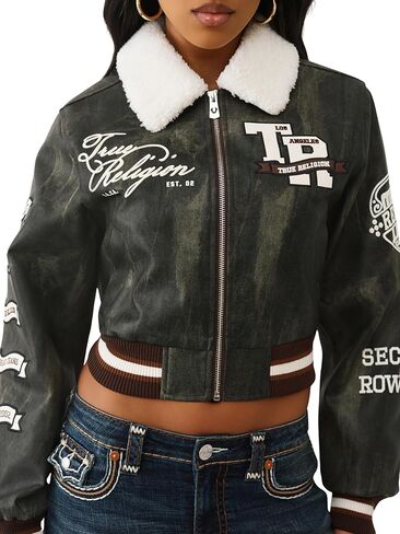 True Religion Women’s Sherpa Collared Aviator Jacket – Fleece-Lined, Button-Front, Pilot Style in Saudi Arabia