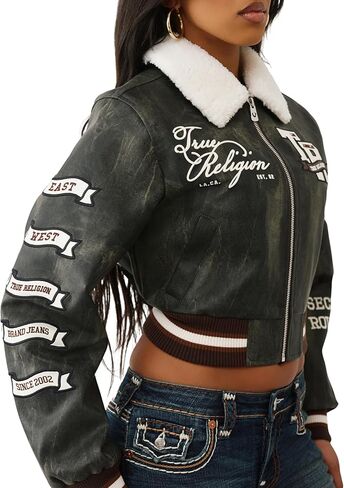True Religion Women’s Sherpa Collared Aviator Jacket – Fleece-Lined, Button-Front, Pilot Style in Saudi Arabia
