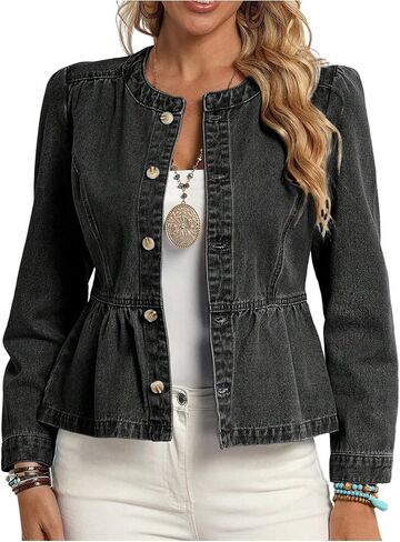SweatyRocks Women's Button Down Short Denim Jacket Ruffle Crew Neck Peplum Jean Jacket Outwear in Saudi Arabia