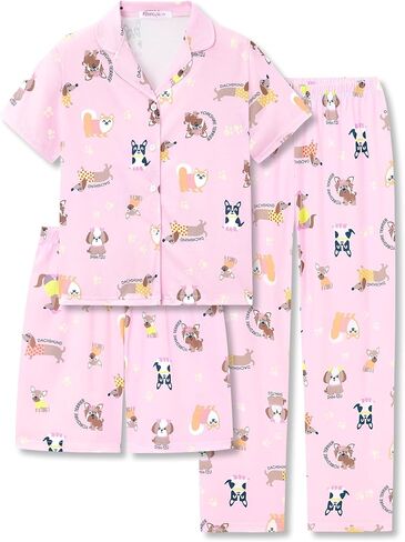 Topgal 3-Pieces Coat Style Pajamas for Girls - Bows Puppy Graphic Print Kids' Short Sleeves & Shorts Pants PJS Size 6-18 in Saudi Arabia