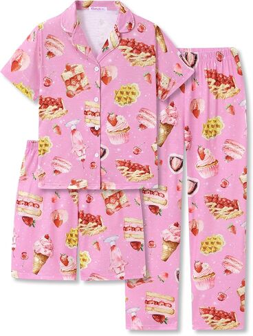 Topgal 3-Pieces Coat Style Pajamas for Girls - Bows Puppy Graphic Print Kids' Short Sleeves & Shorts Pants PJS Size 6-18 in Saudi Arabia