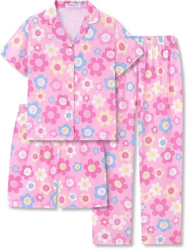 Topgal 3-Pieces Coat Style Pajamas for Girls - Bows Puppy Graphic Print Kids' Short Sleeves & Shorts Pants PJS Size 6-18 in Saudi Arabia
