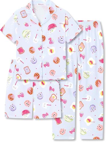 Topgal 3-Pieces Coat Style Pajamas for Girls - Bows Puppy Graphic Print Kids' Short Sleeves & Shorts Pants PJS Size 6-18 in Saudi Arabia