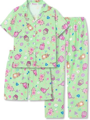 Topgal 3-Pieces Coat Style Pajamas for Girls - Bows Puppy Graphic Print Kids' Short Sleeves & Shorts Pants PJS Size 6-18 in Saudi Arabia