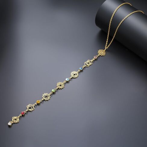 Gold Long Chakra Spiritual Necklace for Women Trendy Healing Yoga 7 Chakra Symbols with Crystal Y Necklace Gift for Mother Sister Daughter in Kuwait