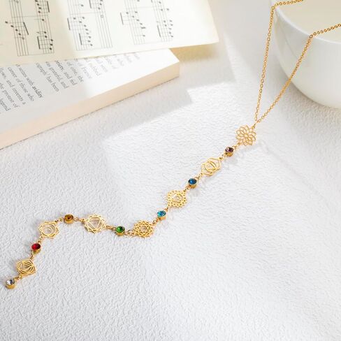 Gold Long Chakra Spiritual Necklace for Women Trendy Healing Yoga 7 Chakra Symbols with Crystal Y Necklace Gift for Mother Sister Daughter in Kuwait
