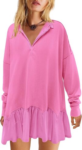 LAMISSCHE Womens Sweatshirt Dress Oversized Long Sleeve V Neck Pullover Tops Flowy Ruffle Patchwork Mini Dress(Black White,L) in Kuwait