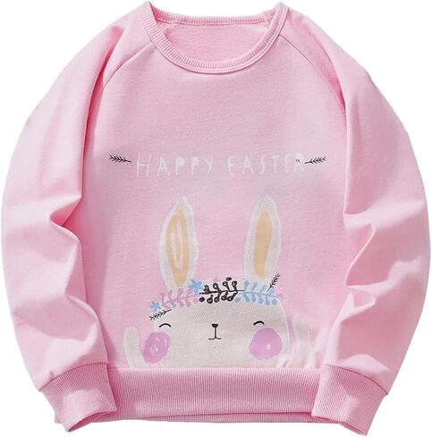 Girl Sweatshirt, Long Sleeve Crewneck Cotton Graphic Print Easter Casual For Spring Fall Winter Daily Wear for 3-8 Years in Saudi Arabia