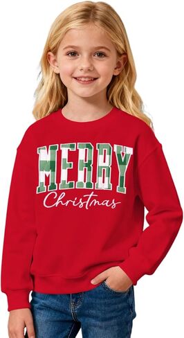 KEKEMI Kid Girl Christmas Sweatshirt Plaid Embroidery Merry Pullover Shirt Retro Xmas Long Sleeve Holiday Tops Winter Clothes(Red,10-11Y) in Saudi Arabia