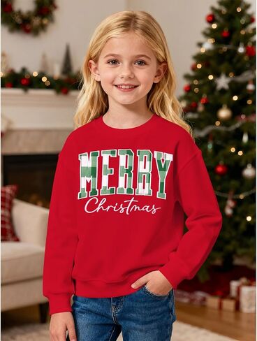 KEKEMI Kid Girl Christmas Sweatshirt Plaid Embroidery Merry Pullover Shirt Retro Xmas Long Sleeve Holiday Tops Winter Clothes(Red,10-11Y) in Saudi Arabia