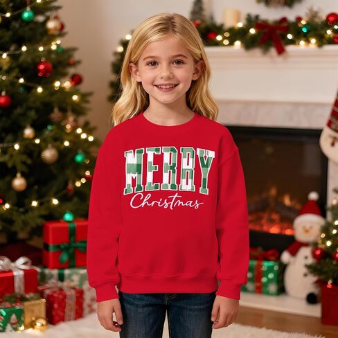 KEKEMI Kid Girl Christmas Sweatshirt Plaid Embroidery Merry Pullover Shirt Retro Xmas Long Sleeve Holiday Tops Winter Clothes(Red,10-11Y) in Saudi Arabia