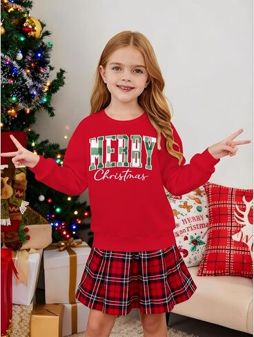 KEKEMI Kid Girl Christmas Sweatshirt Plaid Embroidery Merry Pullover Shirt Retro Xmas Long Sleeve Holiday Tops Winter Clothes(Red,10-11Y) in Saudi Arabia