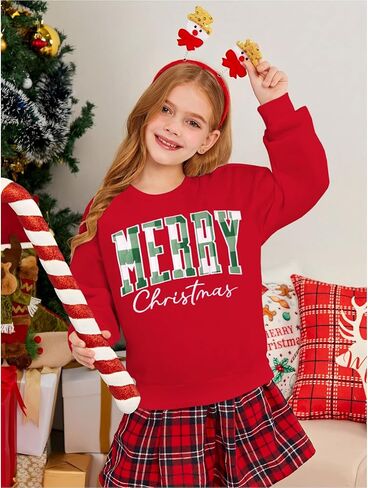KEKEMI Kid Girl Christmas Sweatshirt Plaid Embroidery Merry Pullover Shirt Retro Xmas Long Sleeve Holiday Tops Winter Clothes(Red,10-11Y) in Saudi Arabia