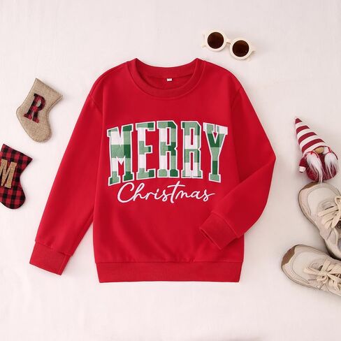 KEKEMI Kid Girl Christmas Sweatshirt Plaid Embroidery Merry Pullover Shirt Retro Xmas Long Sleeve Holiday Tops Winter Clothes(Red,10-11Y) in Saudi Arabia