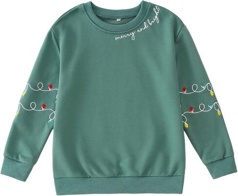 SOFEON Kids Girl Boy Christmas Sweatshirt Merry and Bright Christmas Lights Embroidery Sweatshirts Xmas Holiday Pullover Tops in Saudi Arabia
