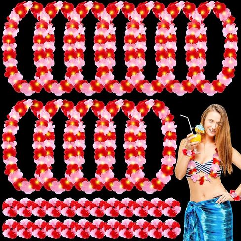 Riceshoot 36 Pcs Hawaiian Christmas in July Leis for Luau Party Decorations Light up Leis Necklace and Wristband Red Green Flower for Christmas Hawaiian Tropical Themed Holiday Luau Party in Kuwait