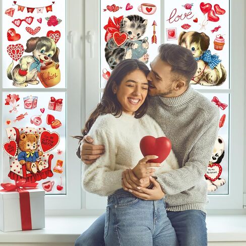 ملصقات نافذة لعيد الحب في عيد الحب على شكل قلب قطة كلب محبب على شكل قلب، ملصقات زجاجية مزدوجة الجوانب لحفلات الذكرى السنوية للزفاف، 7.9 × 11.8 بوصة، 9 ورقات in Kuwait