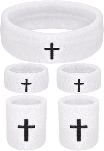 5 PCS Cross Sweatbands Set, Unisex Sports Headband and Wristbands Armbands White Cotton Christian Faith Inspirational Sweatband Set for Basketball Tennis Gym Sports Running in Kuwait