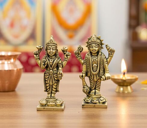 زوج eSplanade من النحاس Lakshmi Narayan - تمثال اللورد فيشنو مع تمثال Laxmi Idol Murti - 3 بوصات | Pooja Idols | ديكور المنزل in Kuwait