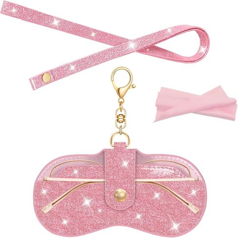 Glitter Glasses Case with Neck Lanyard, Slim Soft Leather Sunglasses Bag with Hook, Women Eyewear Pouch Organizer in Saudi Arabia