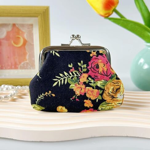 1pc Black Mini Coin Purse, Fabric Rose Flower Buckle Cute Small Wallet in Saudi Arabia