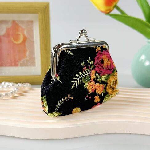 1pc Black Mini Coin Purse, Fabric Rose Flower Buckle Cute Small Wallet in Saudi Arabia