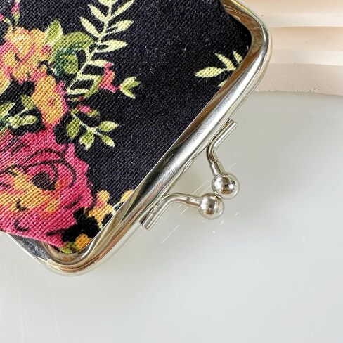 1pc Black Mini Coin Purse, Fabric Rose Flower Buckle Cute Small Wallet in Saudi Arabia