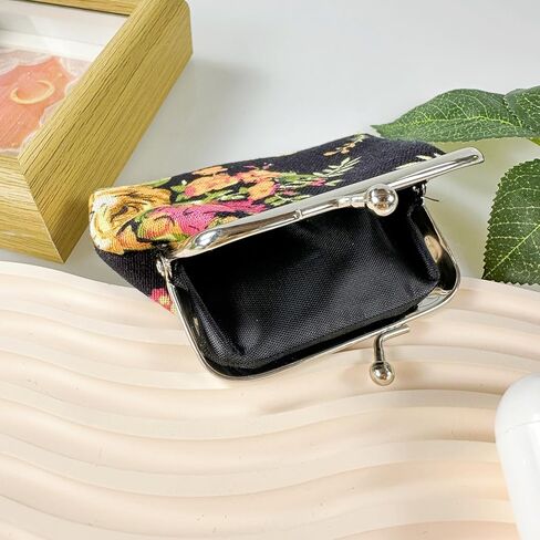 1pc Black Mini Coin Purse, Fabric Rose Flower Buckle Cute Small Wallet in Saudi Arabia