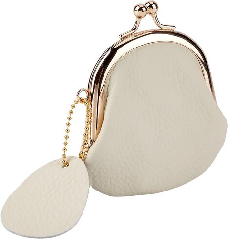 Mini Genuine Leather Kiss Lock Coin Purse Pouch Retro Handmade Cowhide Leather Change Holder Wallet Compact Ladieds Coin Wallet for Women Jewelry Earphones Money Organizer(White) in Saudi Arabia