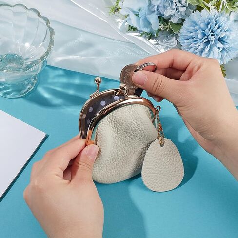 Mini Genuine Leather Kiss Lock Coin Purse Pouch Retro Handmade Cowhide Leather Change Holder Wallet Compact Ladieds Coin Wallet for Women Jewelry Earphones Money Organizer(White) in Saudi Arabia