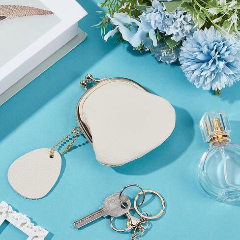 Mini Genuine Leather Kiss Lock Coin Purse Pouch Retro Handmade Cowhide Leather Change Holder Wallet Compact Ladieds Coin Wallet for Women Jewelry Earphones Money Organizer(White) in Saudi Arabia
