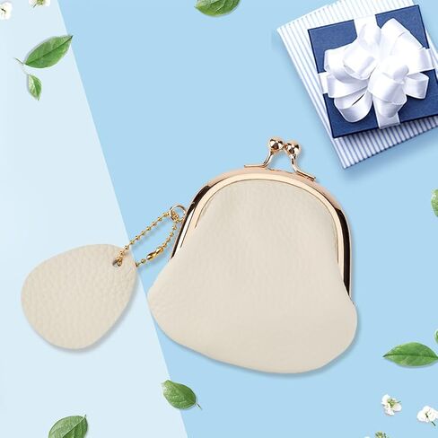 Mini Genuine Leather Kiss Lock Coin Purse Pouch Retro Handmade Cowhide Leather Change Holder Wallet Compact Ladieds Coin Wallet for Women Jewelry Earphones Money Organizer(White) in Saudi Arabia