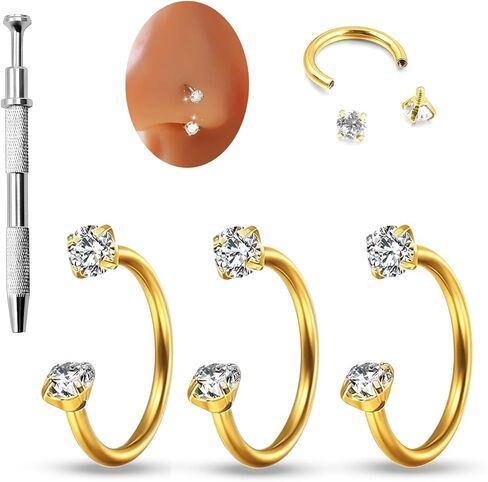 HUASAI Horseshoe Nose Ring for Women 20G Titanium Steel Double Gem Nose Rings Gold Cartilage Helix Earring Labret Lip Piercing Jewelry Small Hoop in Saudi Arabia