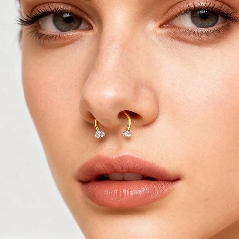 HUASAI Horseshoe Nose Ring for Women 20G Titanium Steel Double Gem Nose Rings Gold Cartilage Helix Earring Labret Lip Piercing Jewelry Small Hoop in Saudi Arabia
