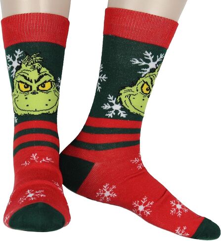 Seuss The Grinch للرجال Grinch Face Snowflake مع جوارب مخططة للبالغين لمنتصف الساق تناسب مقاس الحذاء 8-12 in Kuwait