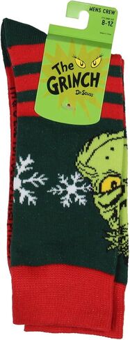 Seuss The Grinch للرجال Grinch Face Snowflake مع جوارب مخططة للبالغين لمنتصف الساق تناسب مقاس الحذاء 8-12 in Kuwait