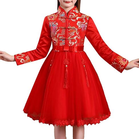 Girls Chinese Qipao Dress Dragon Pattern Short Sleeve Cheongsam for Birthday Party Wedding in Saudi Arabia