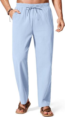 COOFANDY Men's Casual Cotton Pants Elastic Waist Drawstring Linen Beach Summer Pants Lightweight Yoga Trousers in Saudi Arabia