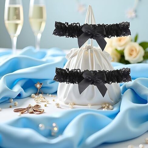2pc Black Garter Belt with Bowknot, Bridal for Bride Classic Handmade Stretch Toss Party Accessories for Women Girls in Saudi Arabia