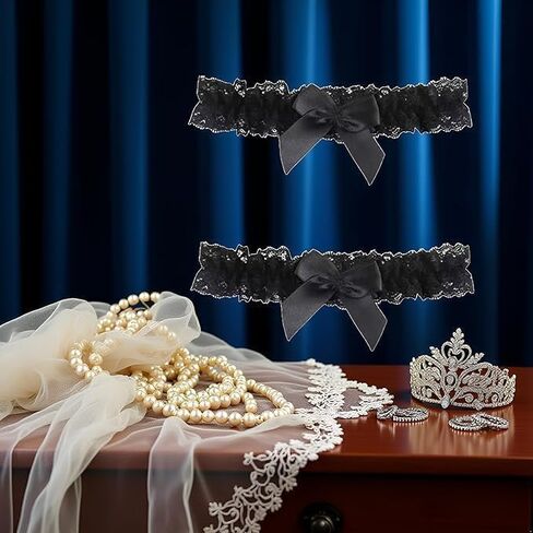 2pc Black Garter Belt with Bowknot, Bridal for Bride Classic Handmade Stretch Toss Party Accessories for Women Girls in Saudi Arabia