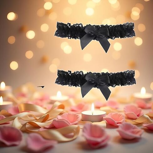2pc Black Garter Belt with Bowknot, Bridal for Bride Classic Handmade Stretch Toss Party Accessories for Women Girls in Saudi Arabia