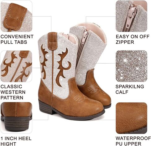 shoeslocker Girls Western Boots Mid-calf with Side Zipper Glitter shoes for Toddlers Little Kids in Saudi Arabia
