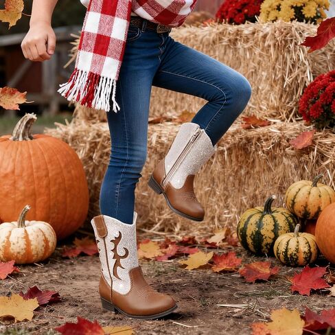 shoeslocker Girls Western Boots Mid-calf with Side Zipper Glitter shoes for Toddlers Little Kids in Saudi Arabia