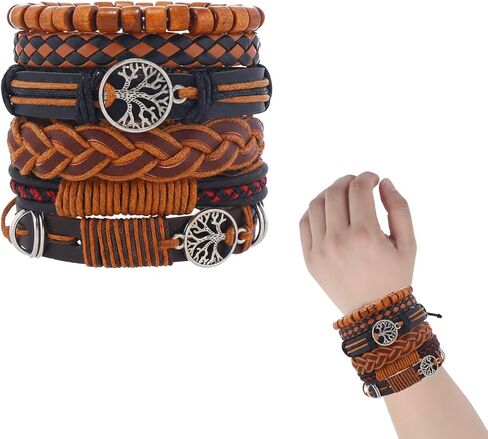 6Pcs Braided Bracelets for Men Women Wrap Wood Beads Cuff Handmade Wrap Wristband Bracelets Set Adjustable in Saudi Arabia