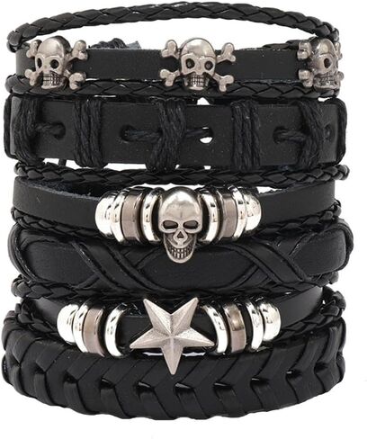 سوار جلدي للرجال والنساء، سوار معصم مضفر متعدد الطبقات، قابل للتعديل 6.5-9.5 بوصة أساور ملفوفة الجرونج القوطي البانك in Kuwait