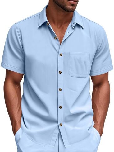 Men's Button Down Shirts Hawaiian Short Sleeve Shirt Summer Beach Vacation Wedding Shirts with Pocket in Saudi Arabia