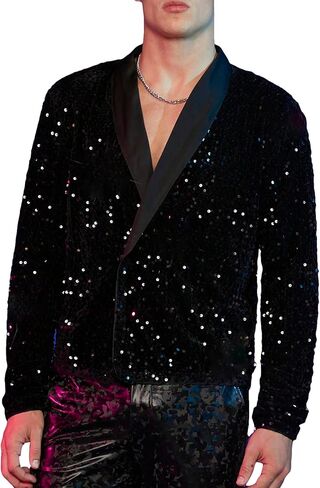 WDIRARA Men's Sparkle Sequins Button Front Long Sleeve Shawl Collar Party Blouse Shirts in Saudi Arabia