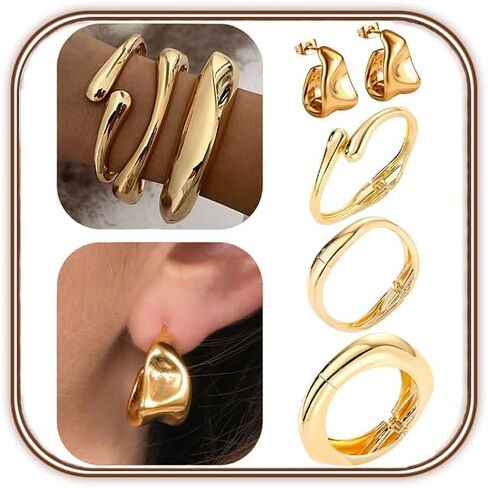 Chunky Gold Bangles Bracelets Earrings Set For Women, Statement Coordination of Twisted Hinged Stackable Bangle Bracelet and Chunky Earrings, Ideal Jewelry Gifts 18K Gold Plated in Saudi Arabia