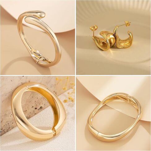 Chunky Gold Bangles Bracelets Earrings Set For Women, Statement Coordination of Twisted Hinged Stackable Bangle Bracelet and Chunky Earrings, Ideal Jewelry Gifts 18K Gold Plated in Saudi Arabia